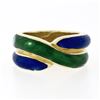 Image 4 : Vintage Solid 18K Yellow Gold Blue & Green Enamel Wide Intertwined Band Ring