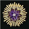 Image 7 : Vintage Retro 14K Yellow Gold Amethyst Cluster Diamond Daisy Flower Burst Brooch