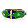 Image 3 : Vintage 18k Gold 2.64 ctw Diamond Green & Blue Enamel Wide Open Bangle Bracelet