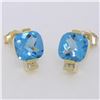 Image 2 : 14K Yellow Gold 2.62 ctw Cushion Checkerboard Blue Topaz & Diamond Stud Earrings