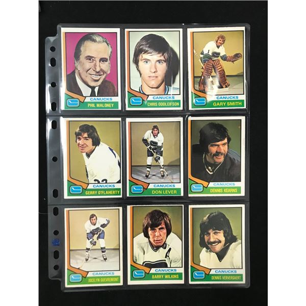 LOT OF 9 1974-75 OPC VANCOUVER CANUCKS INCLUDING ODDLEIFSON AND VERVERGAERT ROOKIES