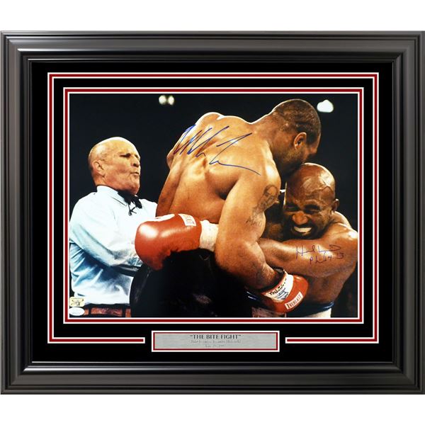 MIKE TYSON AND EVANDER HOLYFIELD DUAL SIGNED AND CUSTOM FRAMED 20 X 4 (JSA COA)