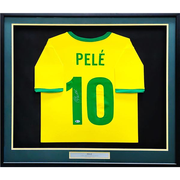 PELE SIGNED AND CUSTOM FRAMED TEAM BRAZIL SOCCER JERSEY (BECKETT COA)