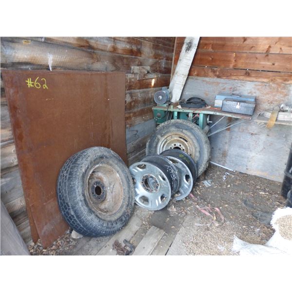 2- Sheets of steel, barrels, tow hitch, hose, grinder, tapes and misc.