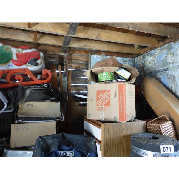 Misc. on east side of bldg- Sleigh, engine heads, 1" x 28" bolts etc.