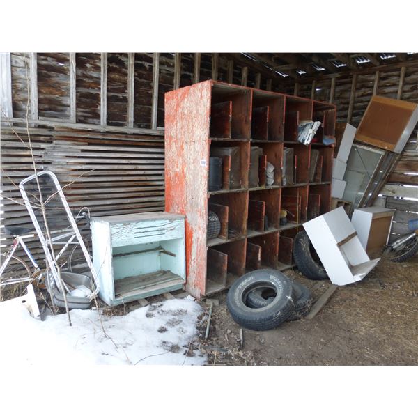 Wooden shelf & misc.