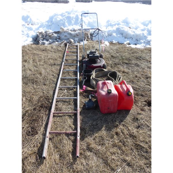 Steel ladder, jerry cans, sling & old gas mower
