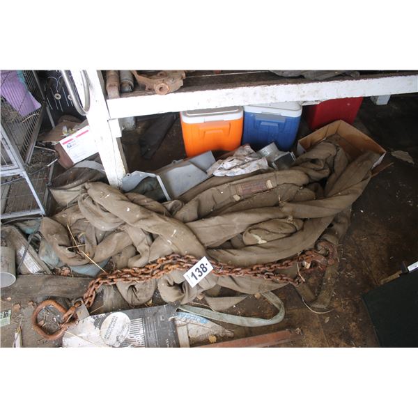 Balance of  items in skid shack, slings tires, auto parts, tires, cage and misc. (white shelf does n