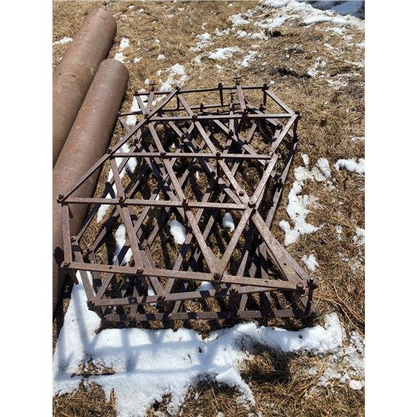 3- Diamond harrows, plastic hopper & white fence stakes