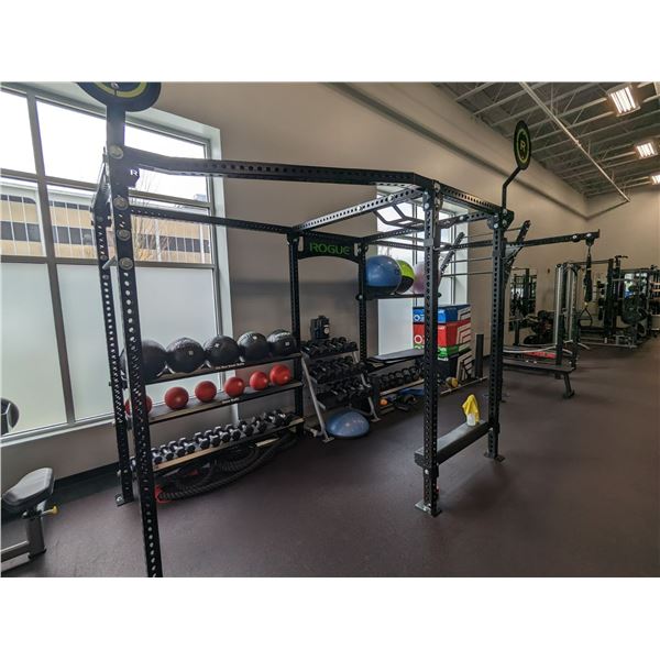 ROGUE WORKOUT EQUIPMENT STATION. RACKS, CHIN UP BARS, OVERALL 235