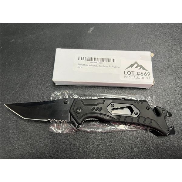 Lot of 1 Tactical/Survival Multifunctional Folding Knife - Black - w/ Rope Cutter/Bottle Opener