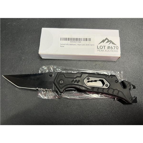 Lot of 1 Tactical/Survival Multifunctional Folding Knife - Black - w/ Rope Cutter/Bottle Opener