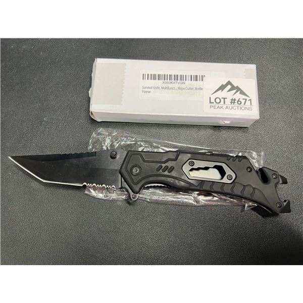 Lot of 1 Tactical/Survival Multifunctional Folding Knife - Black - w/ Rope Cutter/Bottle Opener