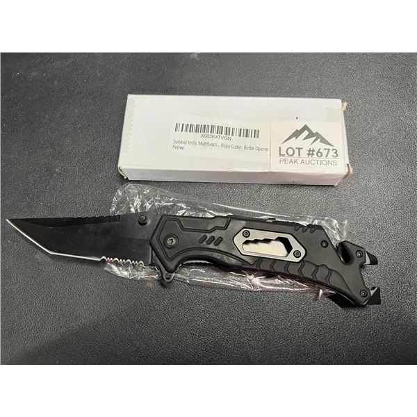 Lot of 1 Tactical/Survival Multifunctional Folding Knife - Black - w/ Rope Cutter/Bottle Opener