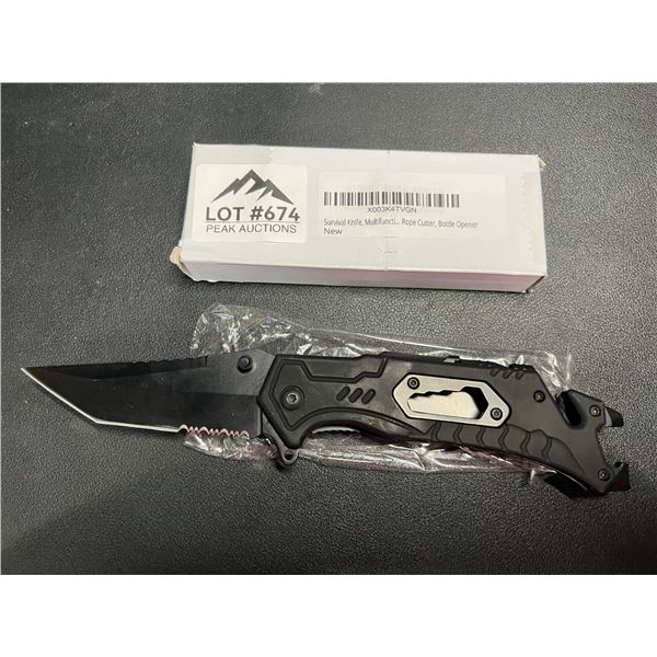 Lot of 1 Tactical/Survival Multifunctional Folding Knife - Black - w/ Rope Cutter/Bottle Opener