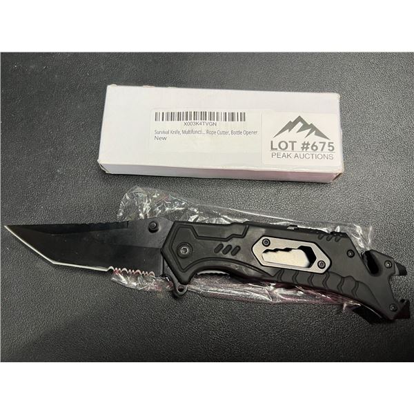 Lot of 1 Tactical/Survival Multifunctional Folding Knife - Black - w/ Rope Cutter/Bottle Opener