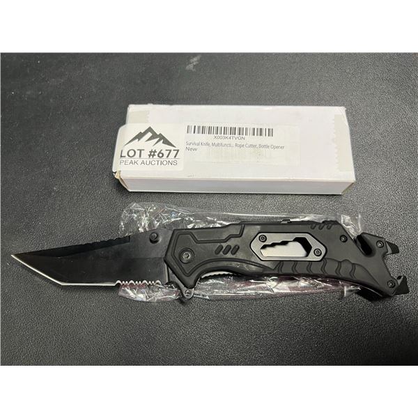 Lot of 1 Tactical/Survival Multifunctional Folding Knife - Black - w/ Rope Cutter/Bottle Opener