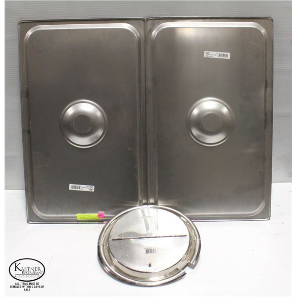 TWO WINCO FULL SIZE S/S FOOD INSERT LIDS + 8" SOUP