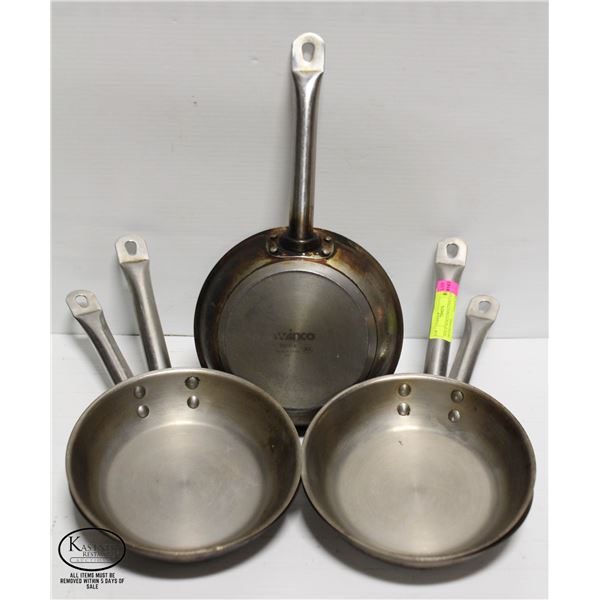 FIVE 8" WINCO INDUCTION CAPABLE FRYING PANS
