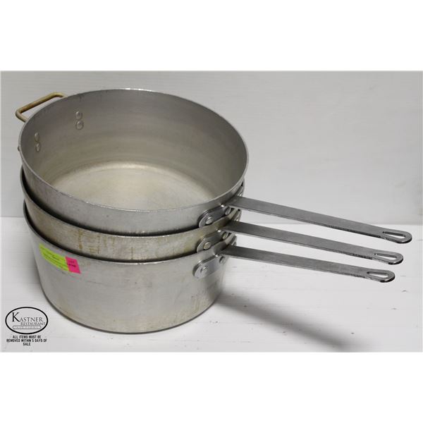 THREE HD ALUMINUM SAUCEPANS / STOCK POTS W/ HELPER