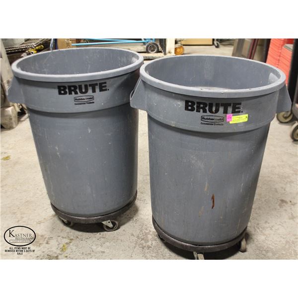 TWO 32G RUBBERMAID BRUTE WASTE BINS W/ DOLLIES