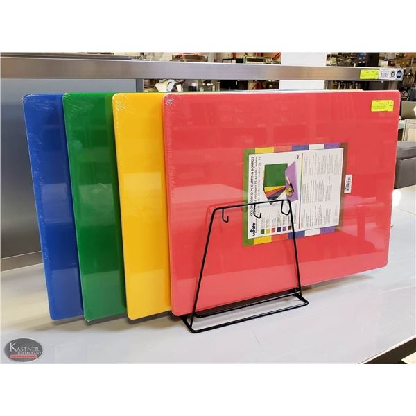 SET OF 4 MIXED COLOURED CUTTING BOARDS & RACK