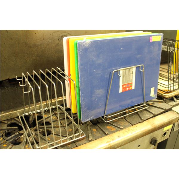 FIVE 15" X 120" POLY CUTTING BOARDS W/ 2 RACKS