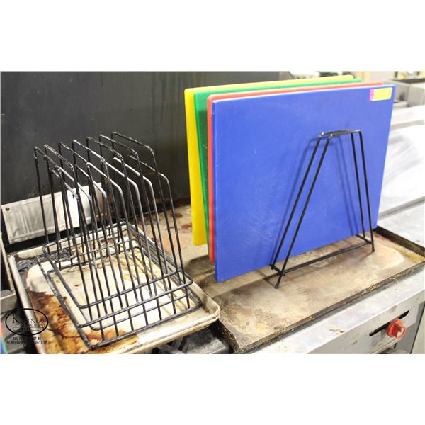 FOUR 15" X 120" POLY CUTTING BOARDS W/ 2 RACKS