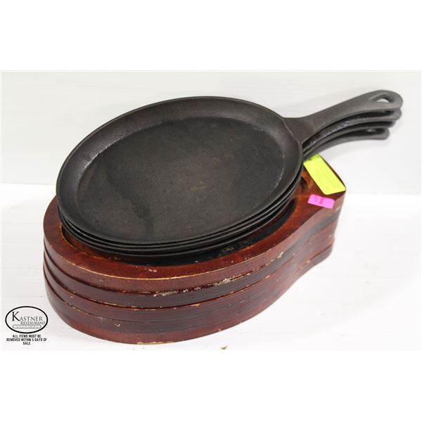 FOUR WINCO 268 CAST IRON SERVERS W/ WOOD TRIVETS