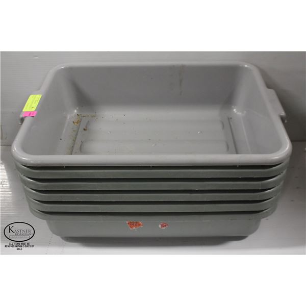 STACK OF 6 ASSORTED BUS BINS / TOTES