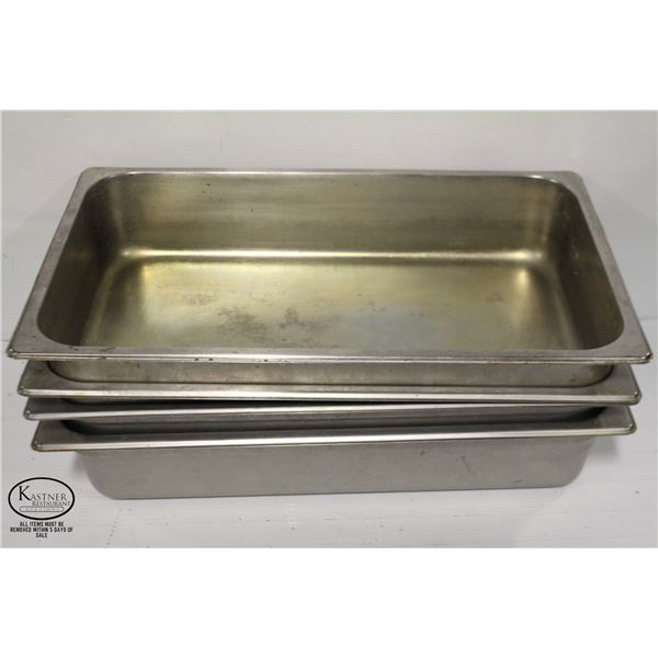 4 STAINLESS STEEL FULL SIZE INSERTS, 3" DEEP