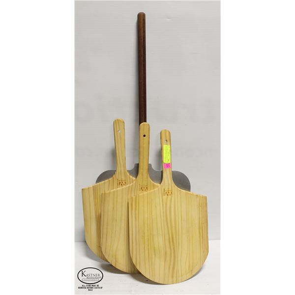 LOT OF 4 USED PIZZA PEELS INCLUDING LARGE ALUMINUM