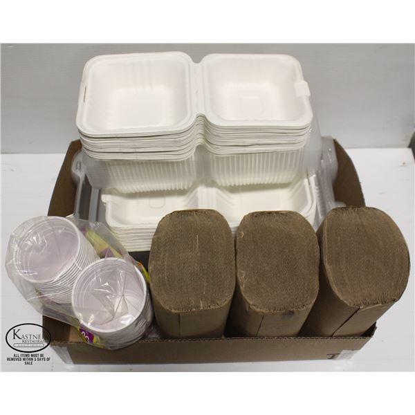 FLAT OF ASSORTED CLAMSHELL TAKEOUT CONTAINERS W/