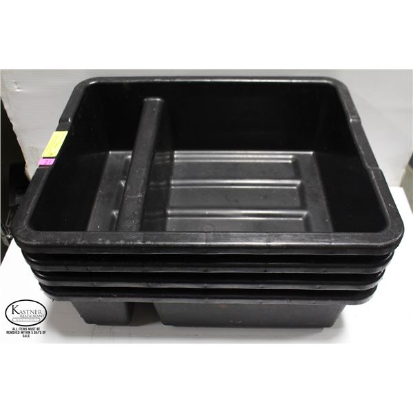 FOUR 6" DEEP BLACK POLY BUS BINS W/ DIVIDER WALL