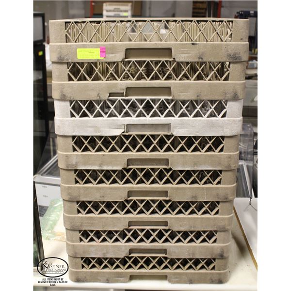 STACK OF 8 COMMERCIAL 64-PEG DISHWASHER RACKS
