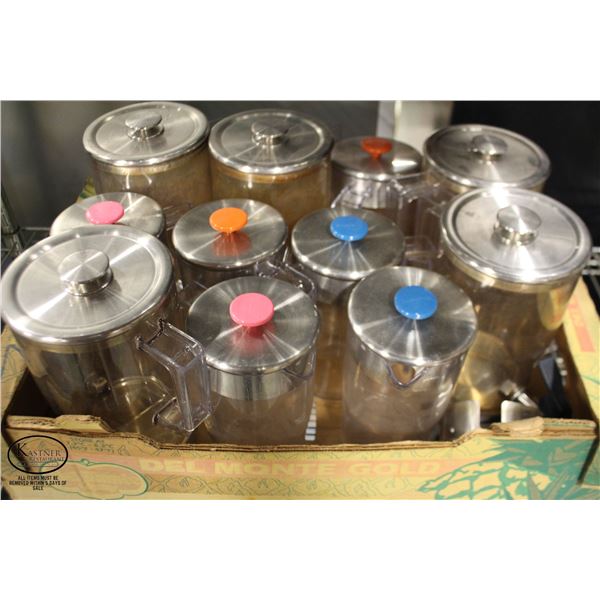LARGE LOT OF POLY TEA JUGS W/ S/S LIDS