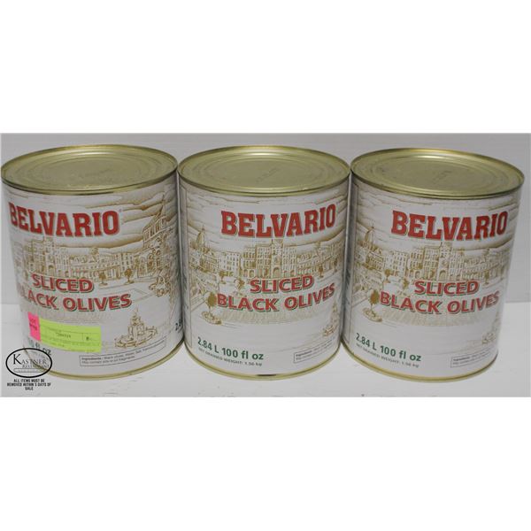 3 CANS OF BELVARIO SLICED BLACK OLIVES, 2.84L PER