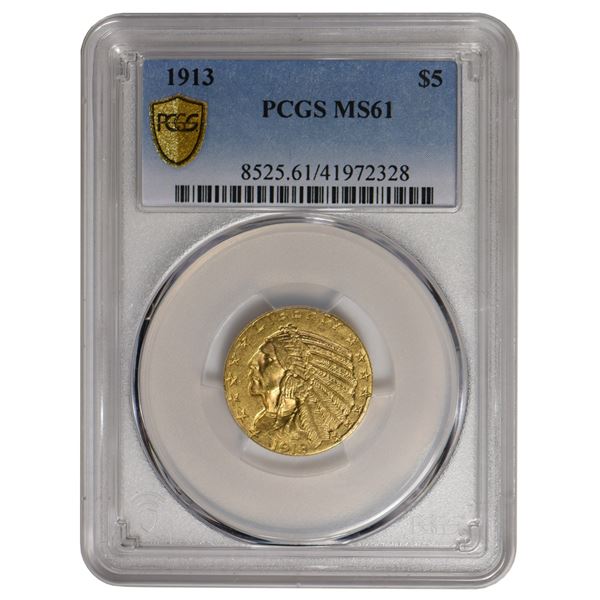 1913 $5 Indian Head Half Eagle Gold Coin PCGS MS61
