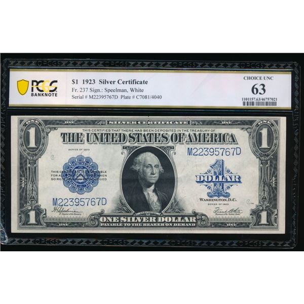 1923 $1 Silver Certificate PCGS 63