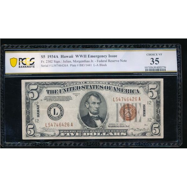 1934A $5 Hawaii FRN PCGS 35