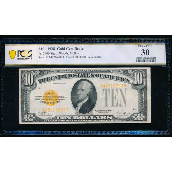 1928 $10 Gold Certificate PCGS 30