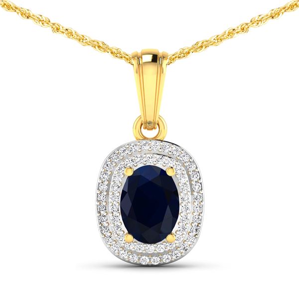 14KT Yellow Gold 1.3ct Blue Sapphire and Diamond Pendant with Chain