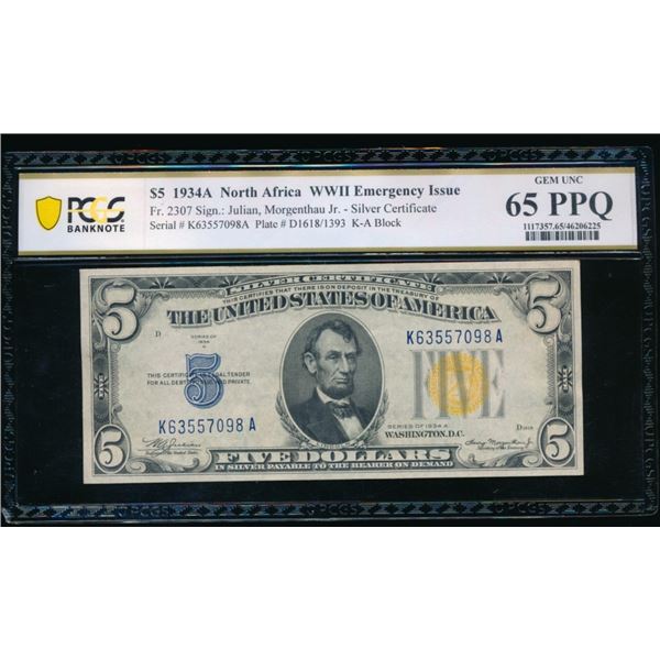 1934A $5 N Africa Silver Certificate PCGS 65PPQ