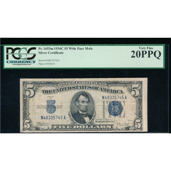 1934C $5 Mule Silver Certificate PCGS 20PPQ