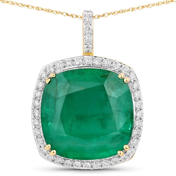 14KT Yellow Gold 7.35ct Zambian Emerald and Diamond Pendant with Chain