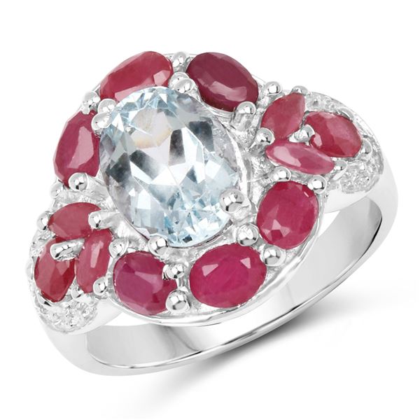 Plated Rhodium Aquamarine Ruby and White Topaz Ring