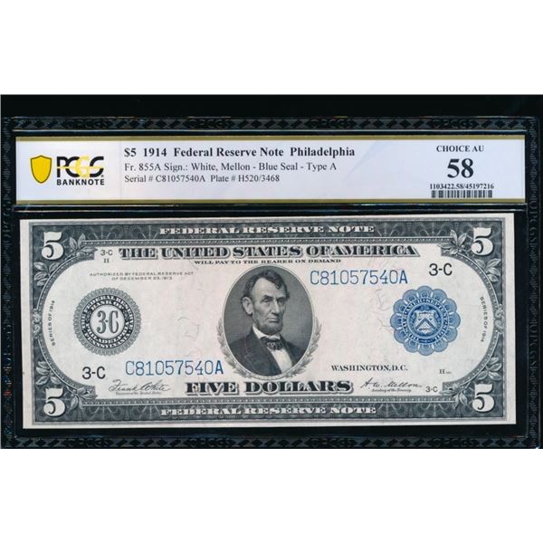 1914 $5 Philadelphia FRN PCGS 58