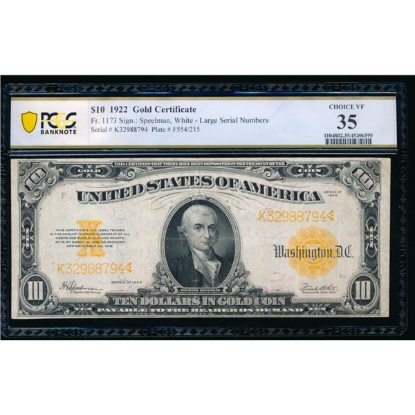 1922 $10 Gold Certificate PCGS 35