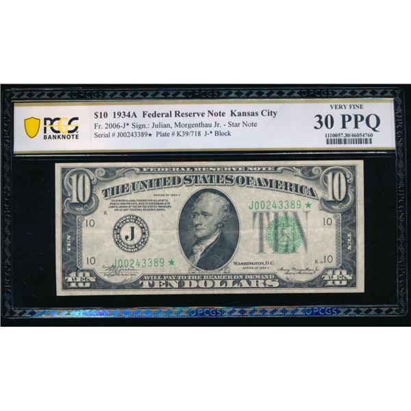1934A $10 STAR Kansas City FRN PCGS 30PPQ