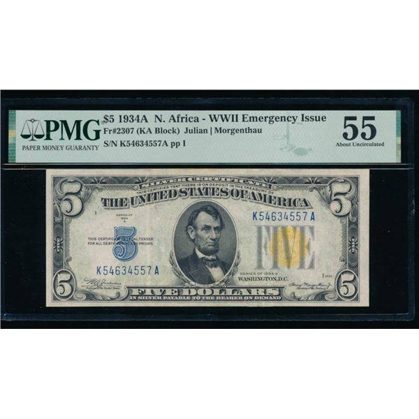 1934A $5 N Africa Silver Certificate PMG 55